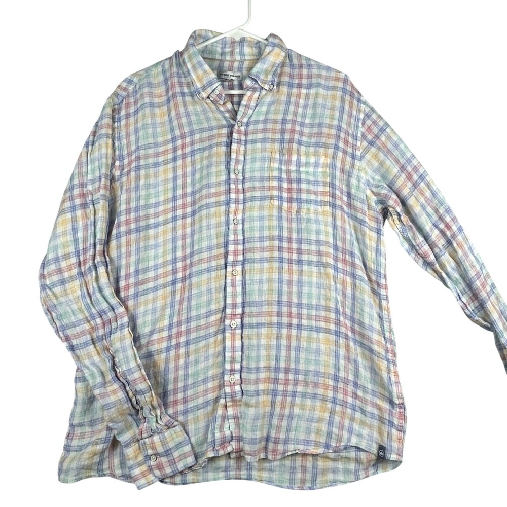 Peter Millar Mens Linen Hammock‎ Plaid Button Down Size L Long Sleeve Casual